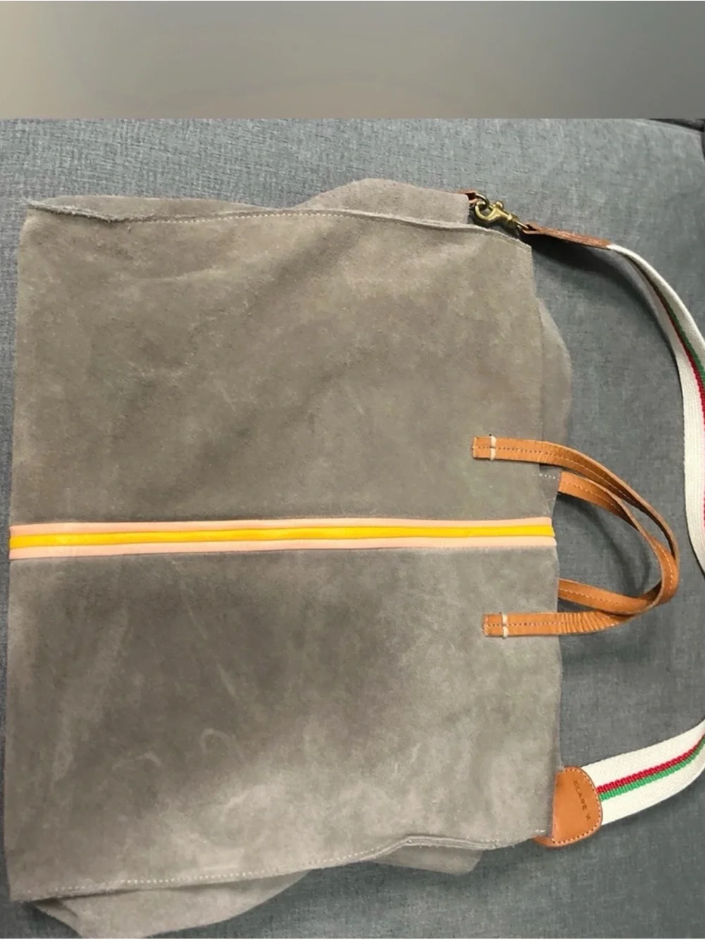 CLARE V. Accent Striped Dark Gray Italian Suede Tote Bag